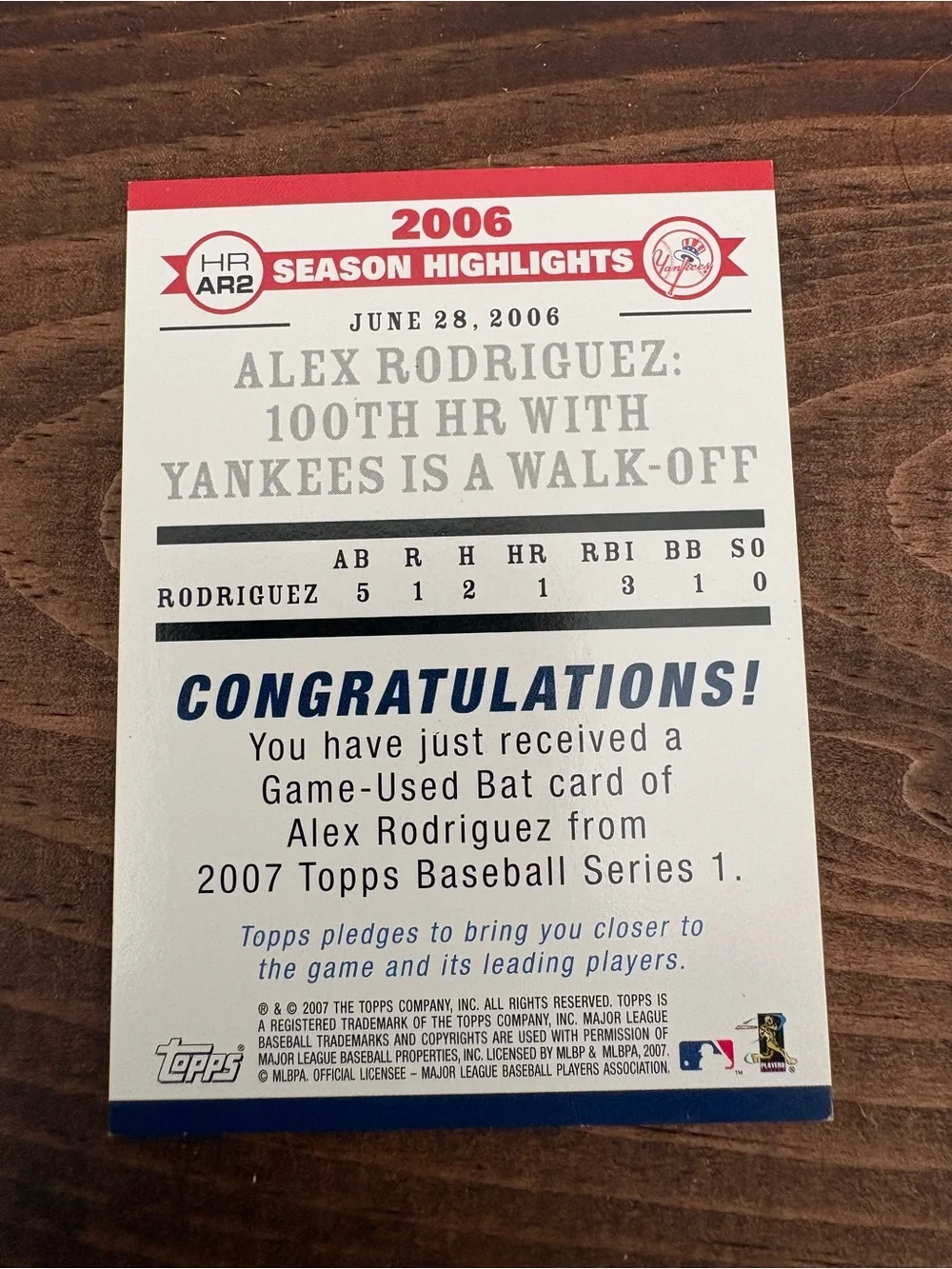 2006 ALEX RODRIGUEZ TOPPS Highlights Collectible Game-Used Bat Card MLB